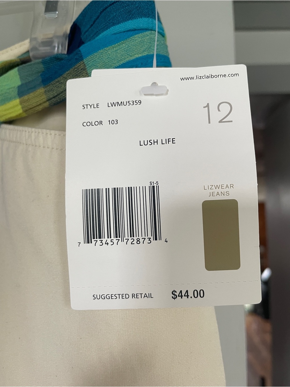 NWT Liz Claiborne Cream Cotton Chinos with Blue Plaid Waist Tie Womens size 12 - Picture 3 of 9
